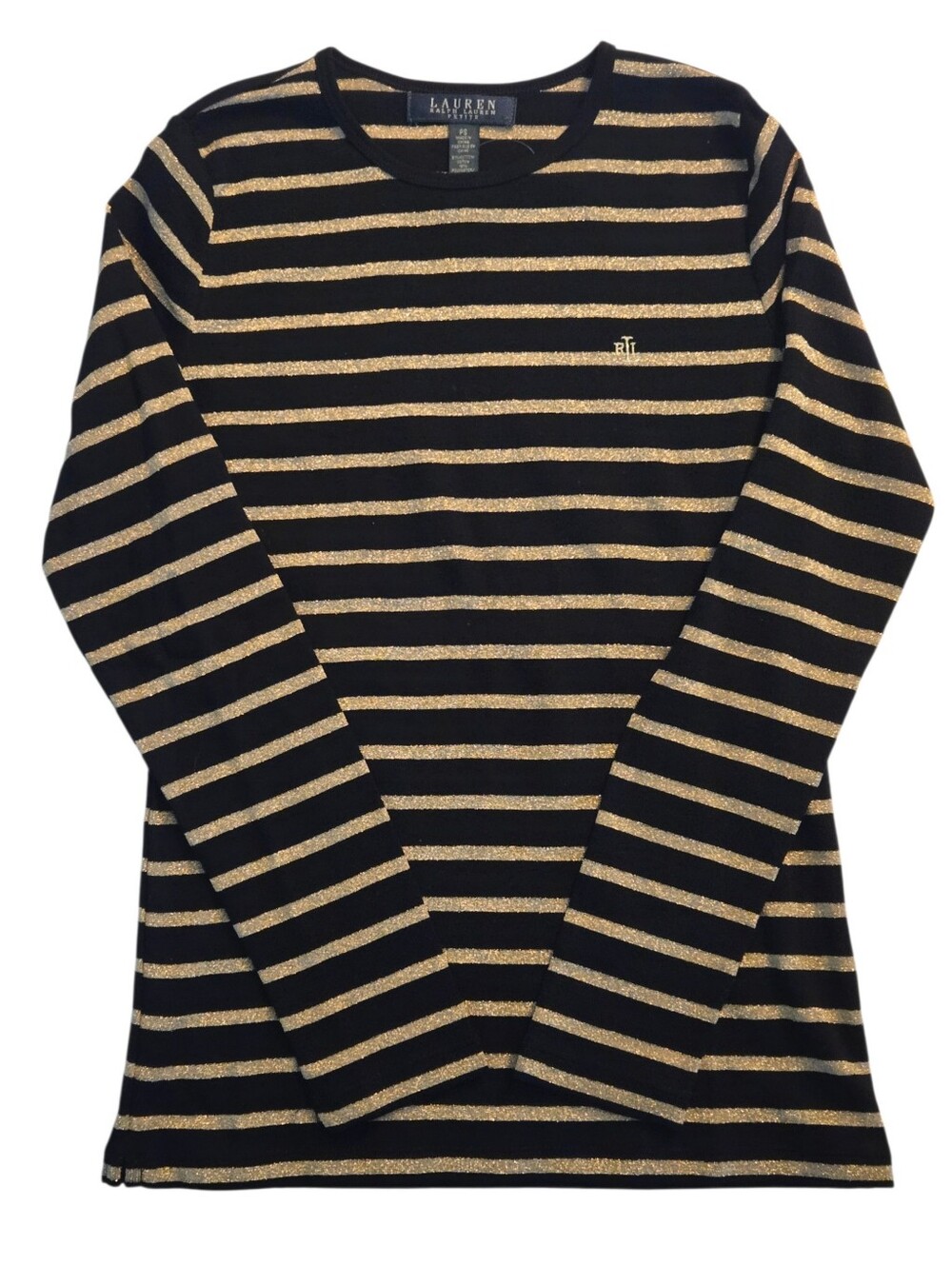 Lauren Ralph Lauren Black Gold Metallic Stripe Long Sleeve Top Petite Small New